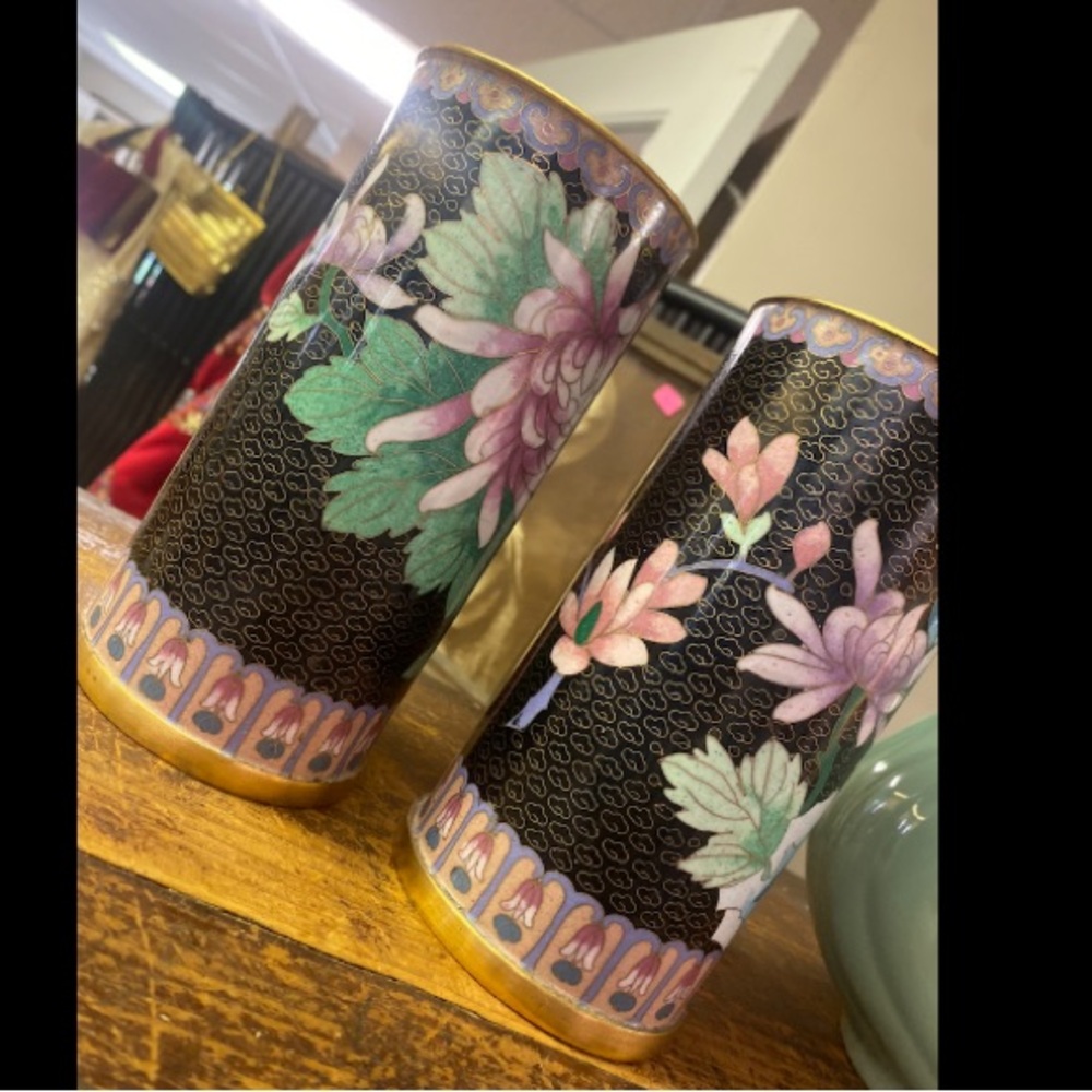 Black Cloisonné Floral Accent Vase Pair with Pink and Green Motifs